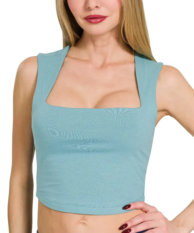 Refined Square-Neck Cropped High-Waisted Cotton Tank Top
