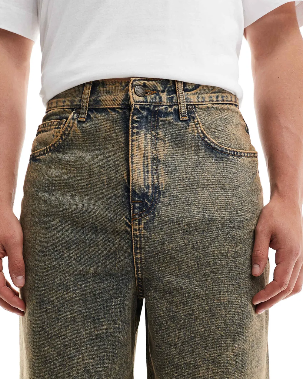 Longer Length Denim Jorts In Light Wash With Tint