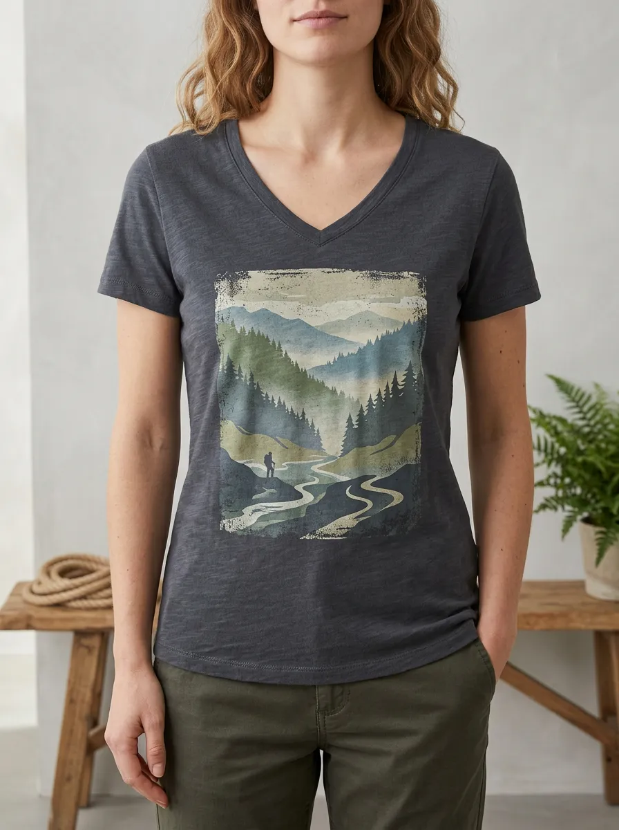 Women's Hiking Lover Mountain Forest Landscape Printed V-Neck T-Shirt