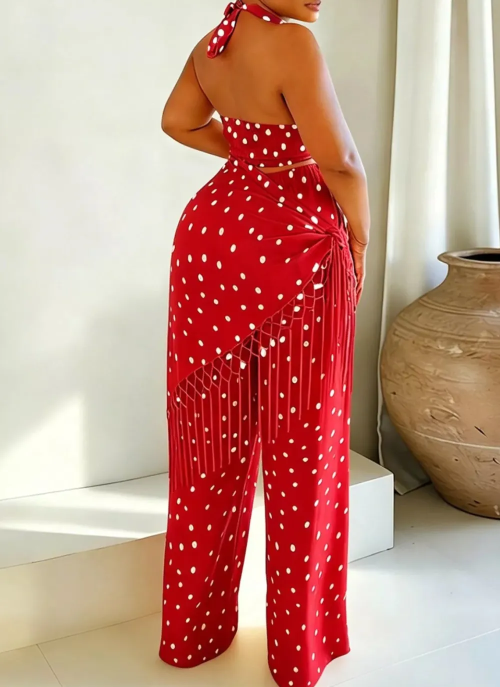 Polka Dot Halter Neck Cami and Fringe Trim Pants