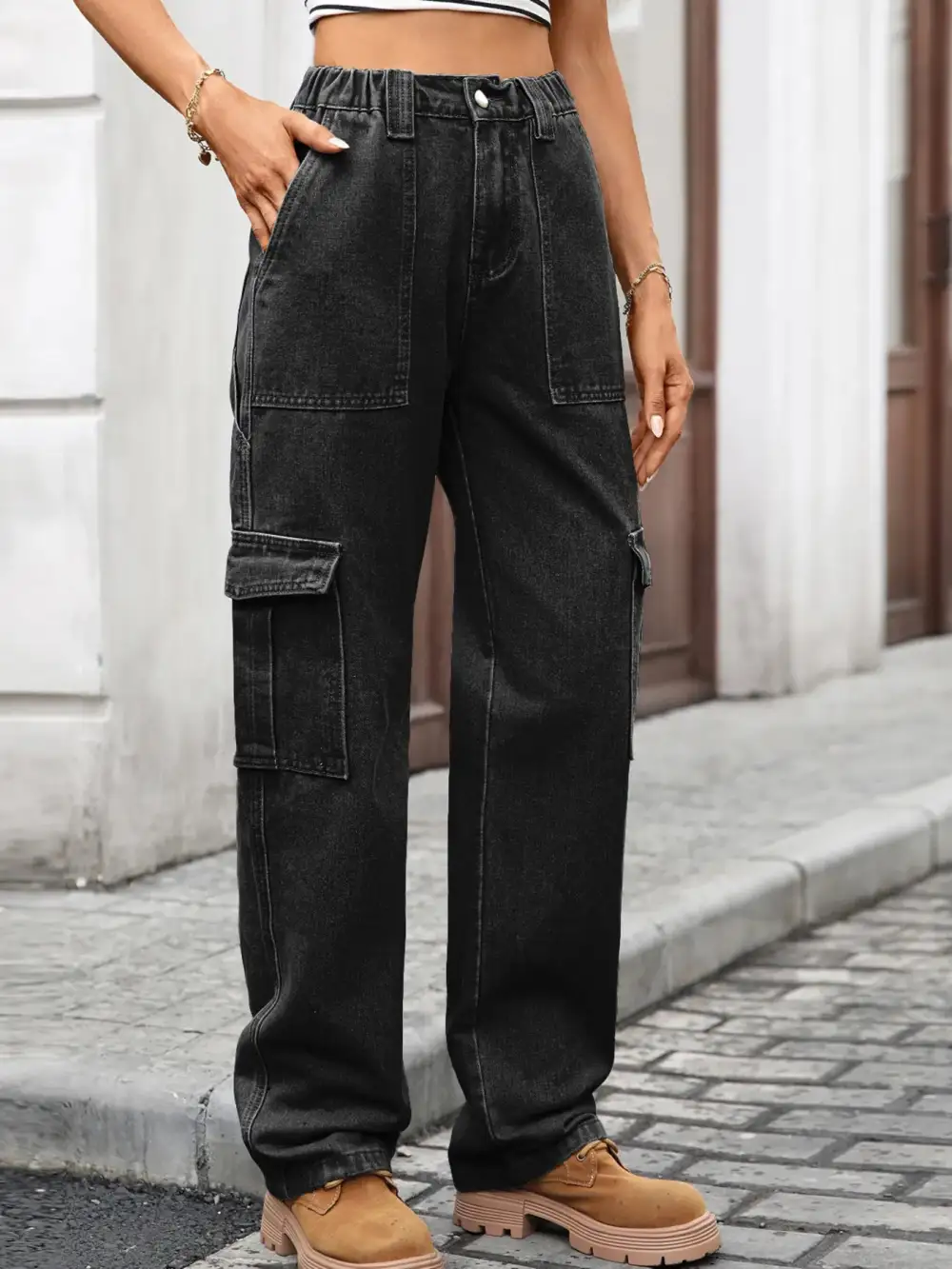 Versatile High Waist Cargo Denim Jeans