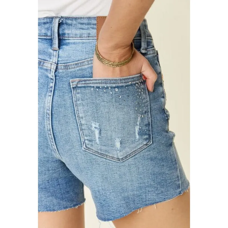 Plus Size High-Waist Rhinestone Decor Denim Shorts