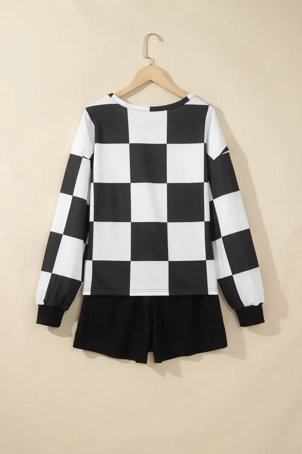 Women's Matching Checkerboard Plaid Long Sleeve Solid Color Shorts Two Piece Set