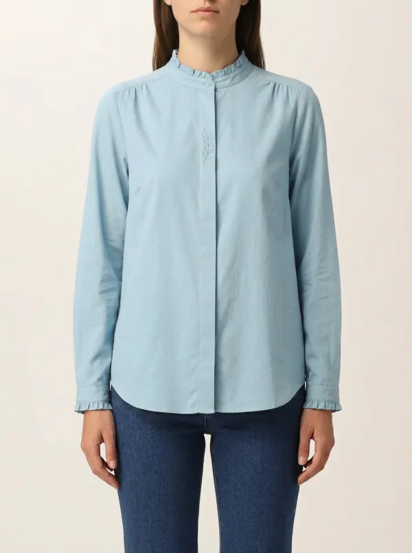 Women's Leaf-Embroidered Ruffle-Trim Mandarin Shirt