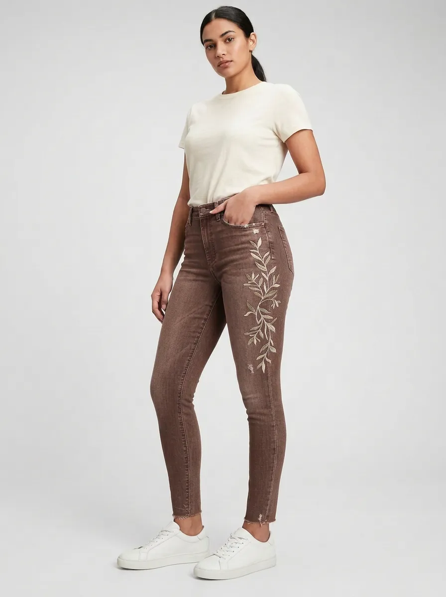 Women's Floral Nature Leaf Embroidered Graphic Slim Jeans