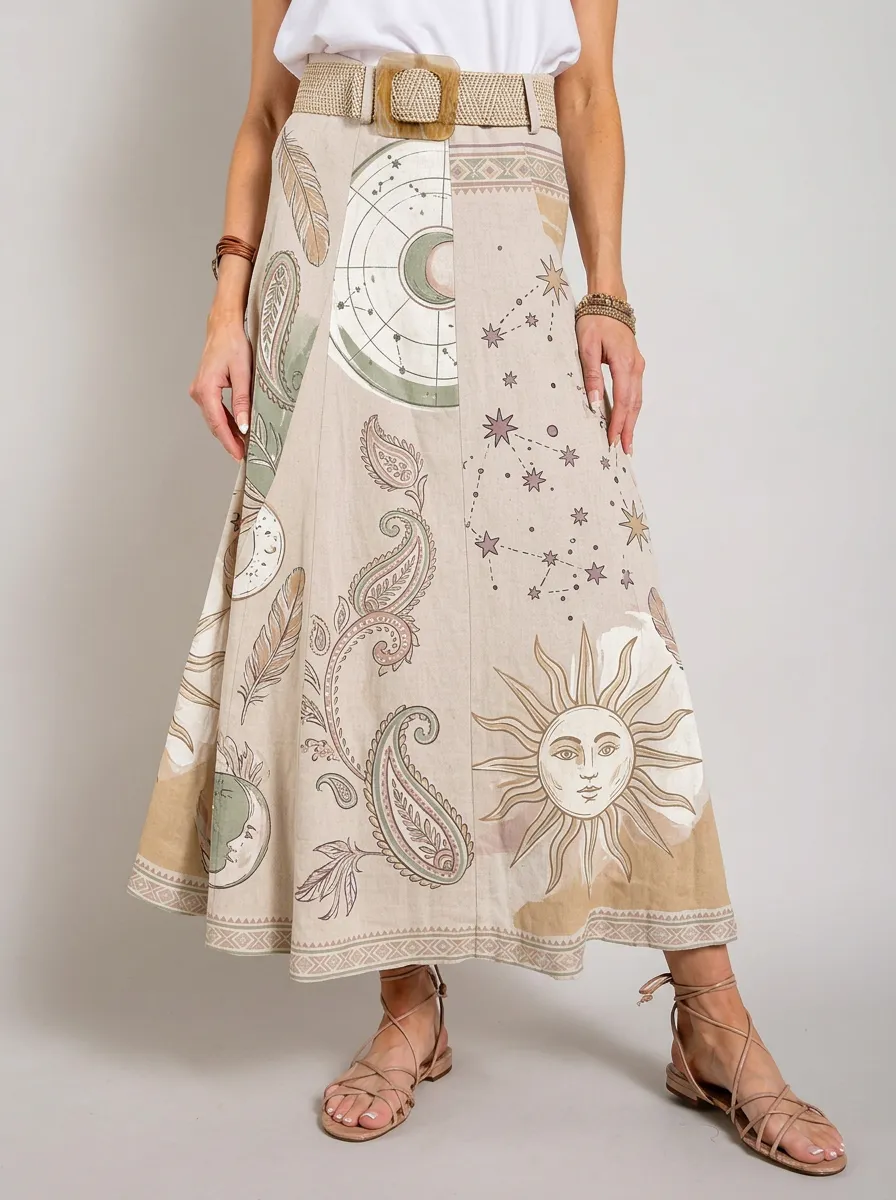 Women's Celestial Boho Sun Moon Paisley Graphic Maxi Skirt