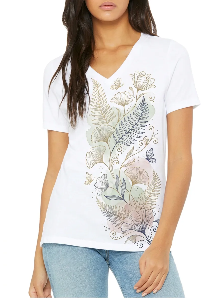 Women's Botanical Nature Lover Fern Butterfly Printed V-neck T-shirt