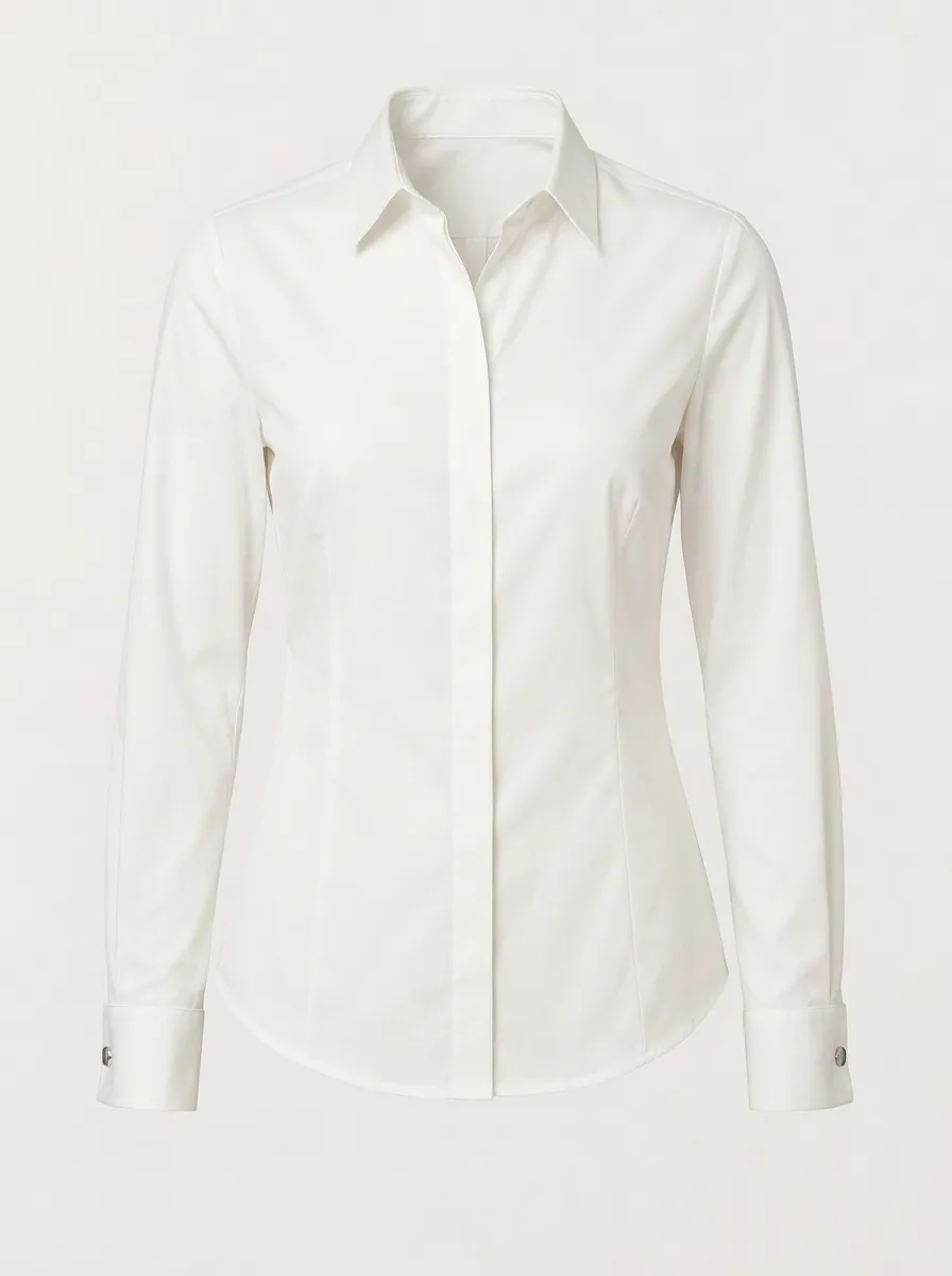 Women's Business Casual White Solid Long Sleeve Button-Down Shirt