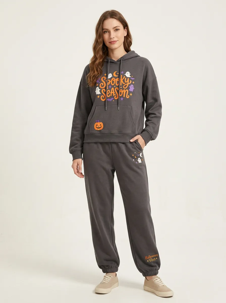 Women's Halloween Charcoal Spooky Season Ghost Pumpkin Kangaroo-Pocket Hoodie Jogger Set