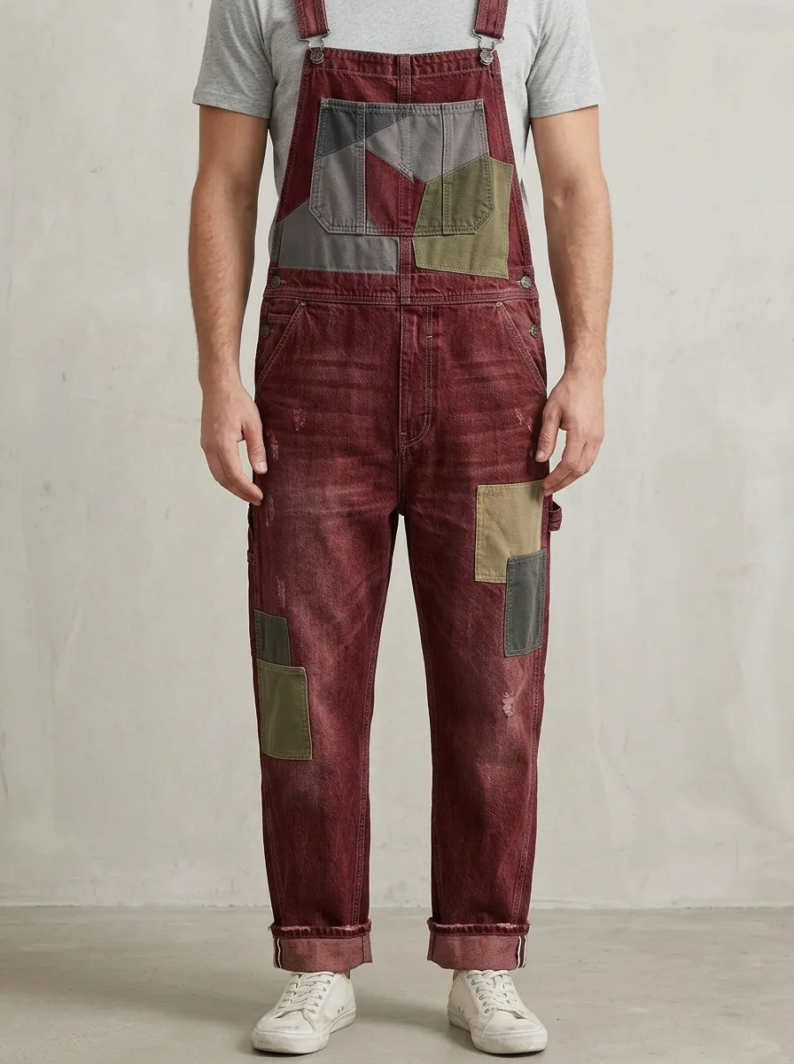 Patchwork Denim Tonal Detail Overalls