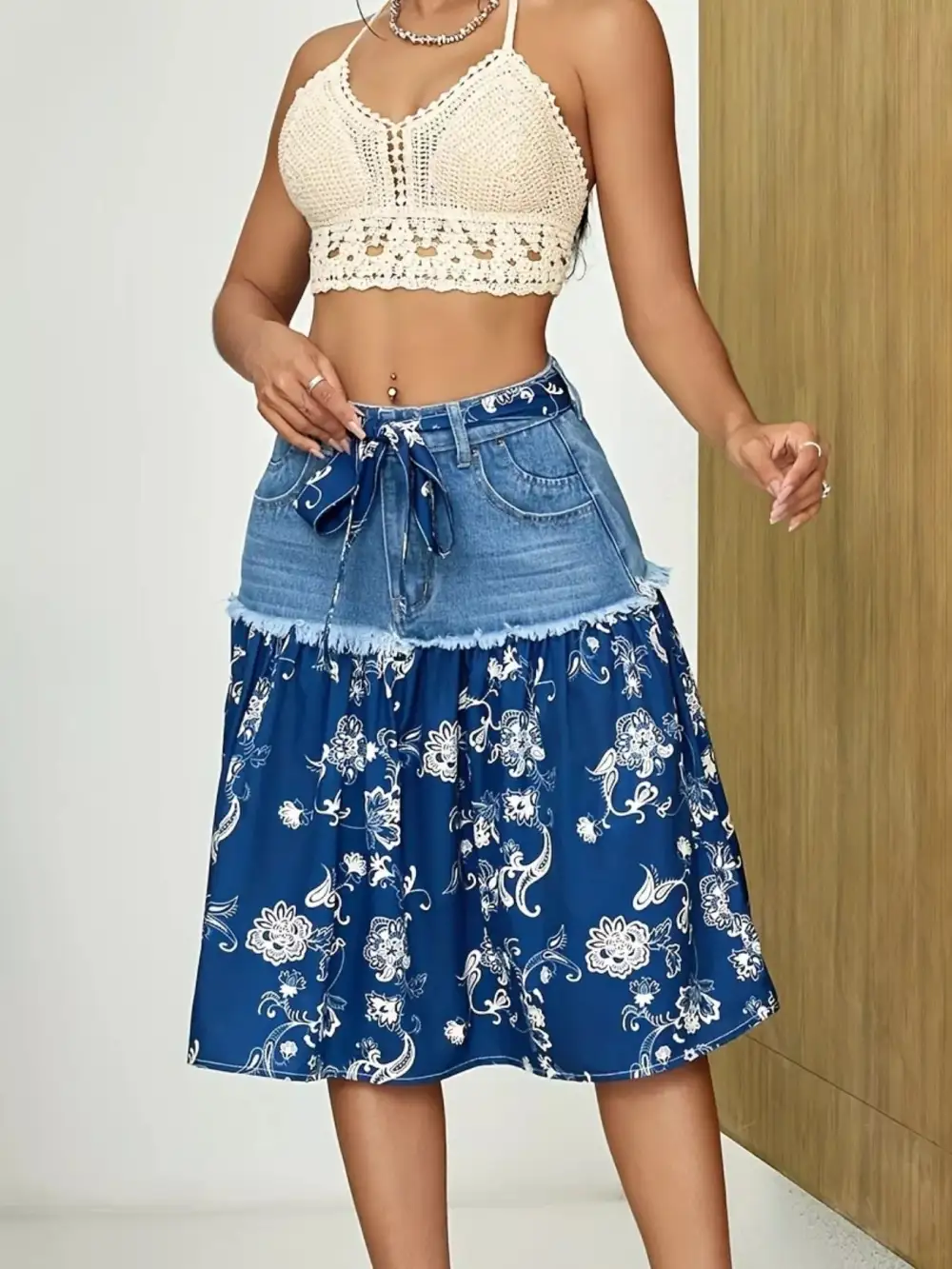 Refined Denim Cotton Blend Detail Skirt