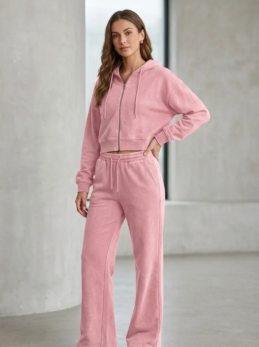 Women's Modern Washed Vintage Inspired Sport Inspired Cropped Hooded Jacket and Flare Pants Active Set