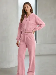 Women's Modern Washed Vintage Inspired Sport Inspired Cropped Hooded Jacket and Flare Pants Active Set