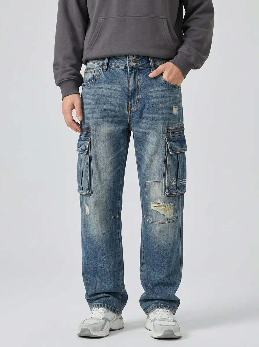 Men's Ridge Distressed Denim Multi-Pocket Cargo Jeans