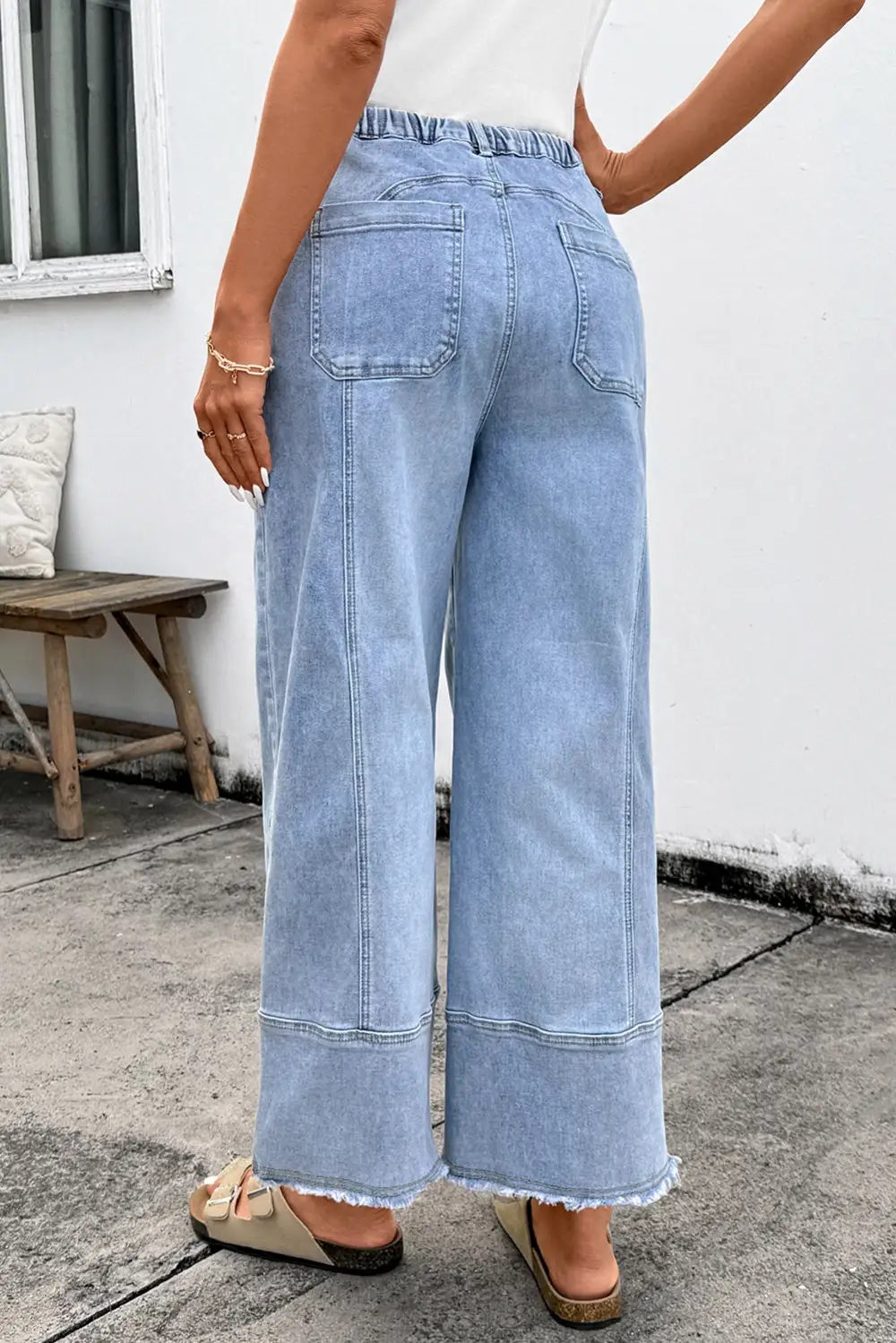Women's Wide Leg Denim Pants With Drawstring Seam Detail