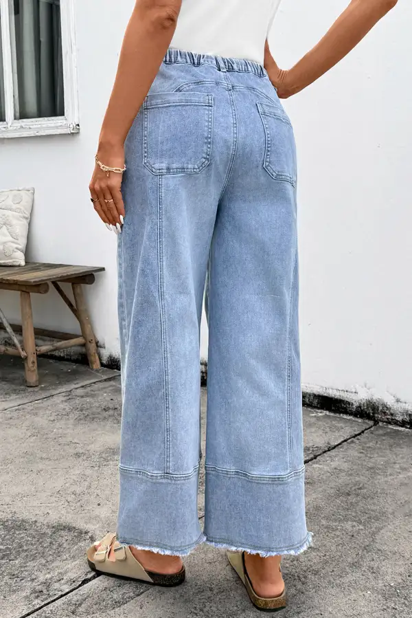 Women's Wide Leg Denim Pants With Drawstring Seam Detail
