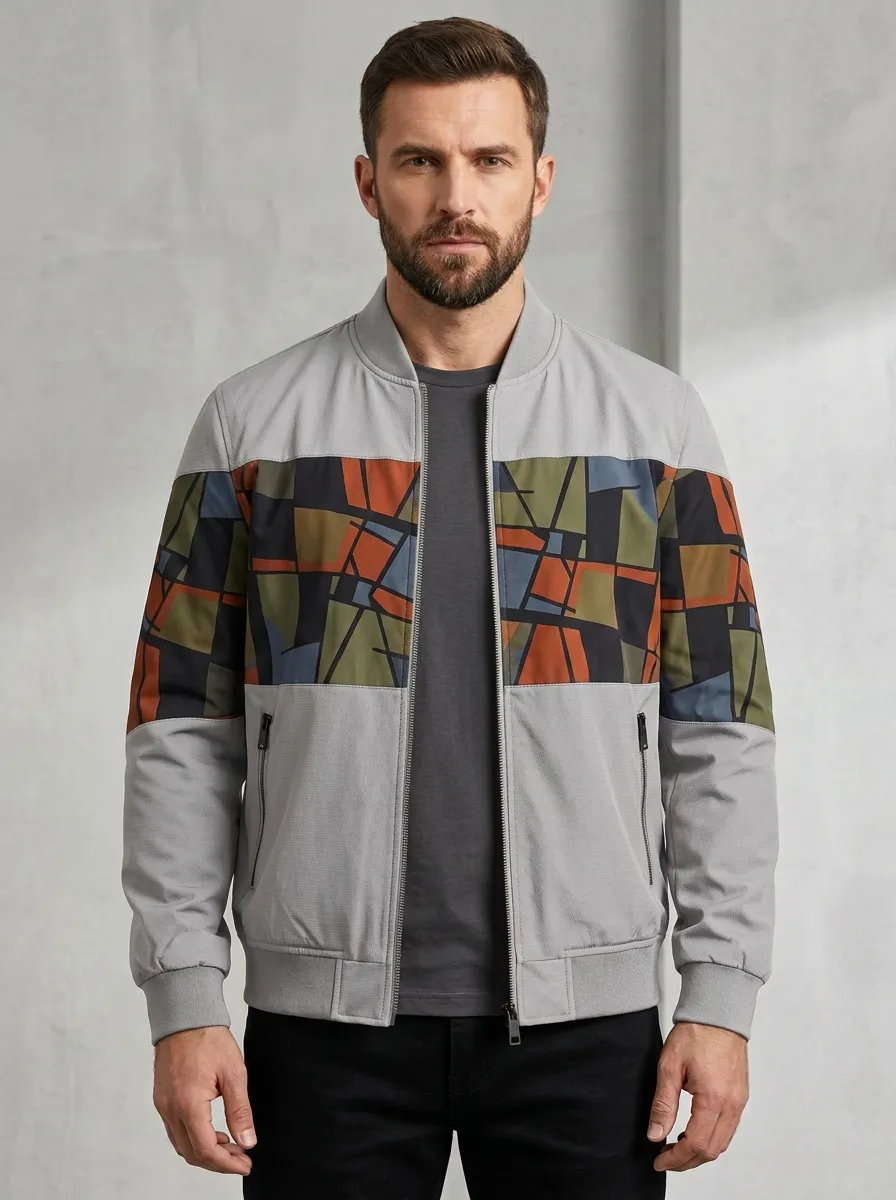 Men's Geometric Abstract Pattern Printed Bomber Jacket