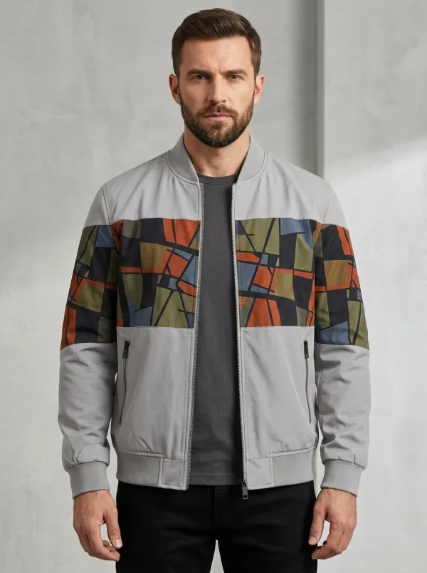 Men's Geometric Abstract Pattern Printed Bomber Jacket