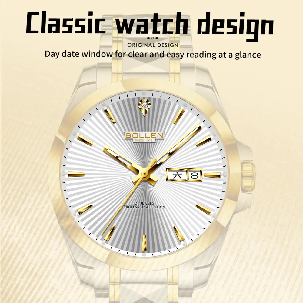 Sollen 9083 Automatic Watch - Men's Dress Citizen 8205 Sunburst Dial Day Date 7-Bead Steel Bracelet Wristwatch
