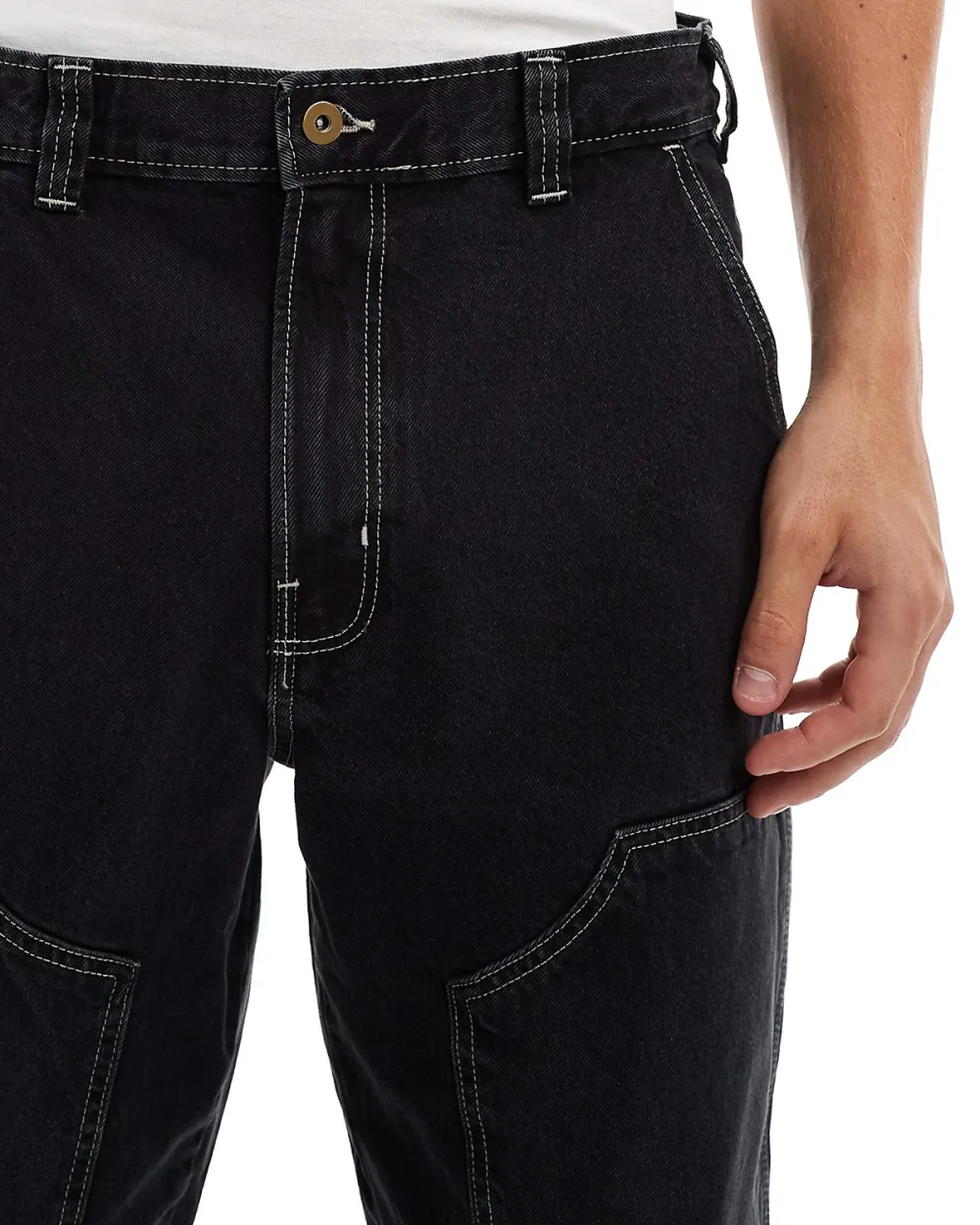 Baggy Fit Double Knee Denim Jeans In Sashed Black