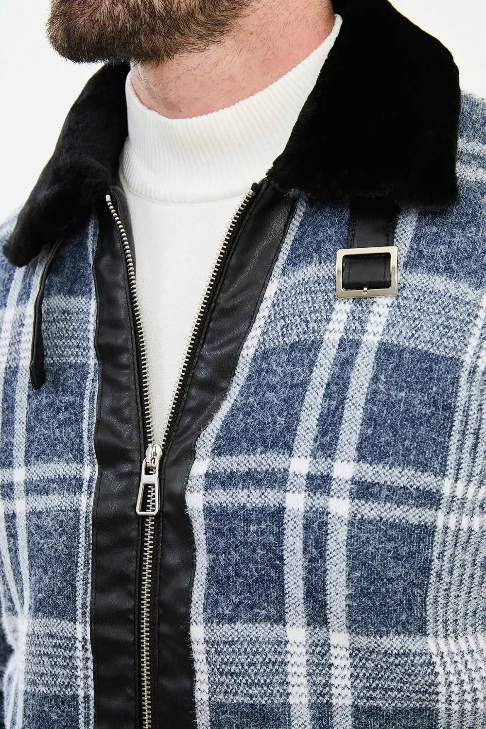 Modern Slim Fit Zip Front Plaid Wool Tailored Coat