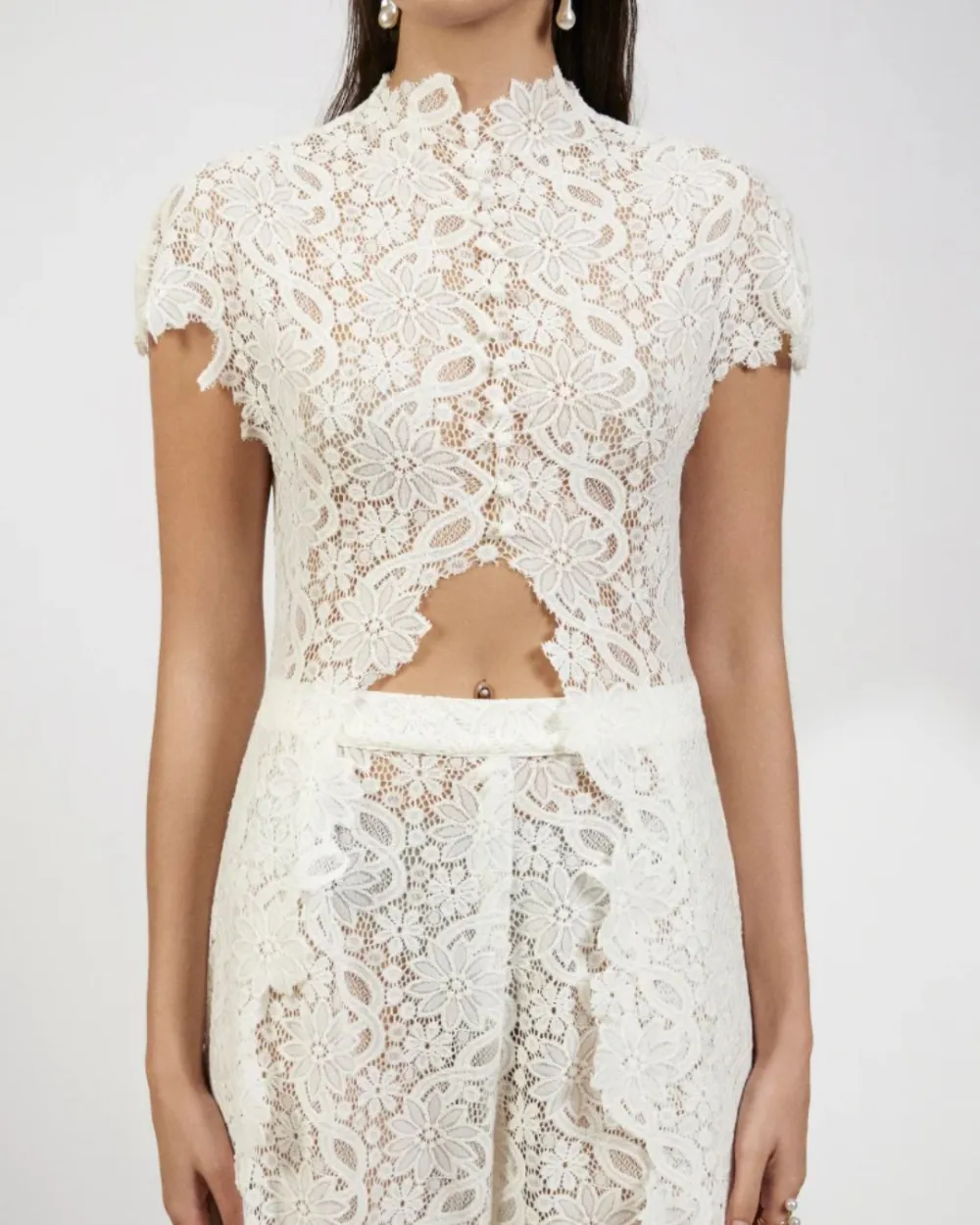 Elegant Lace Ensemble High Neck Intricate Lace Cut-Out Set