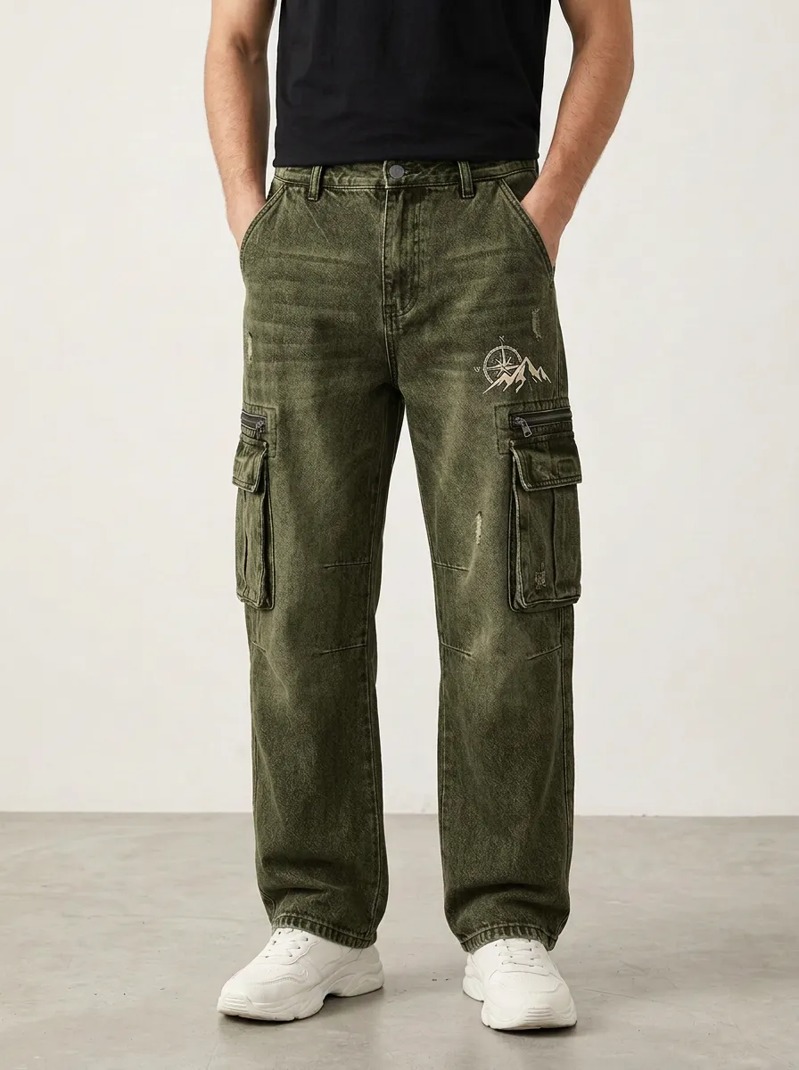 Men's Outdoor Adventure Mountain Compass Printed Cargo Jeans