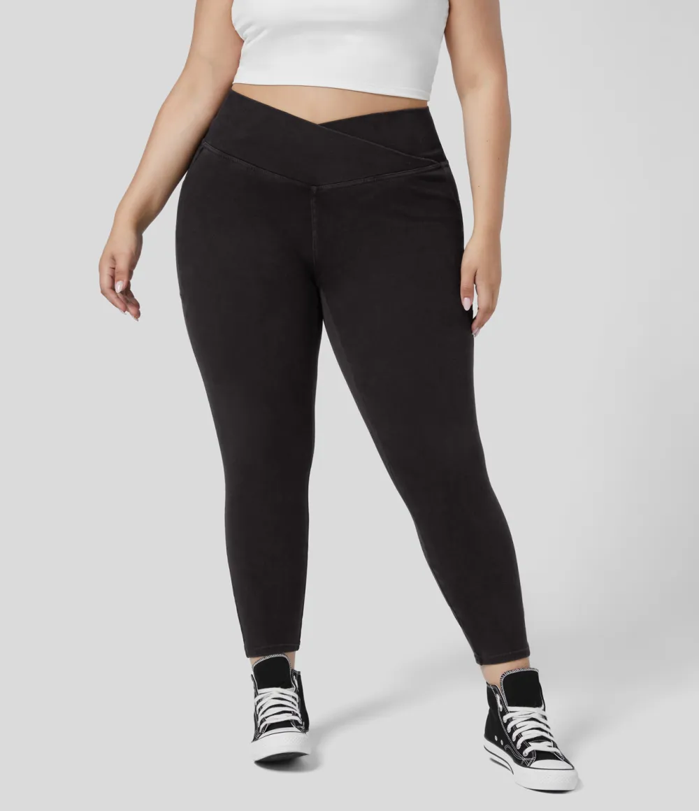 Magic Crossover Side Pocket Washed Stretchy Knit Denim Work Plus Size Leggings