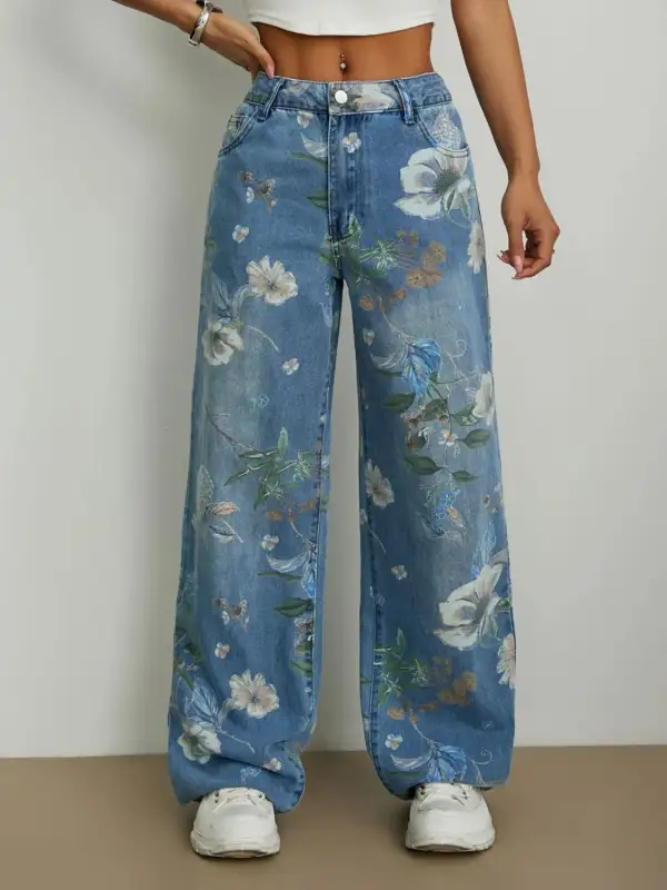 Floral Print Wide Leg Denim Jeans