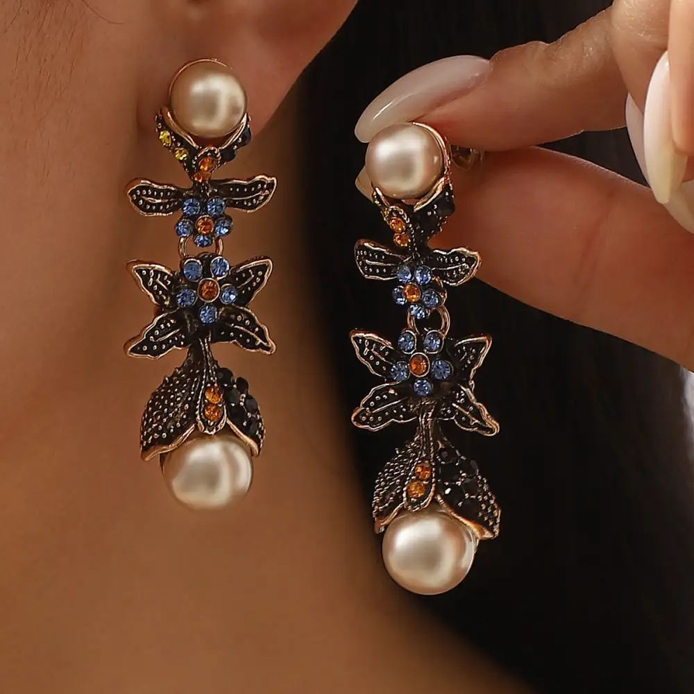 Vintage Geometric Heart Pearl Drop Earrings