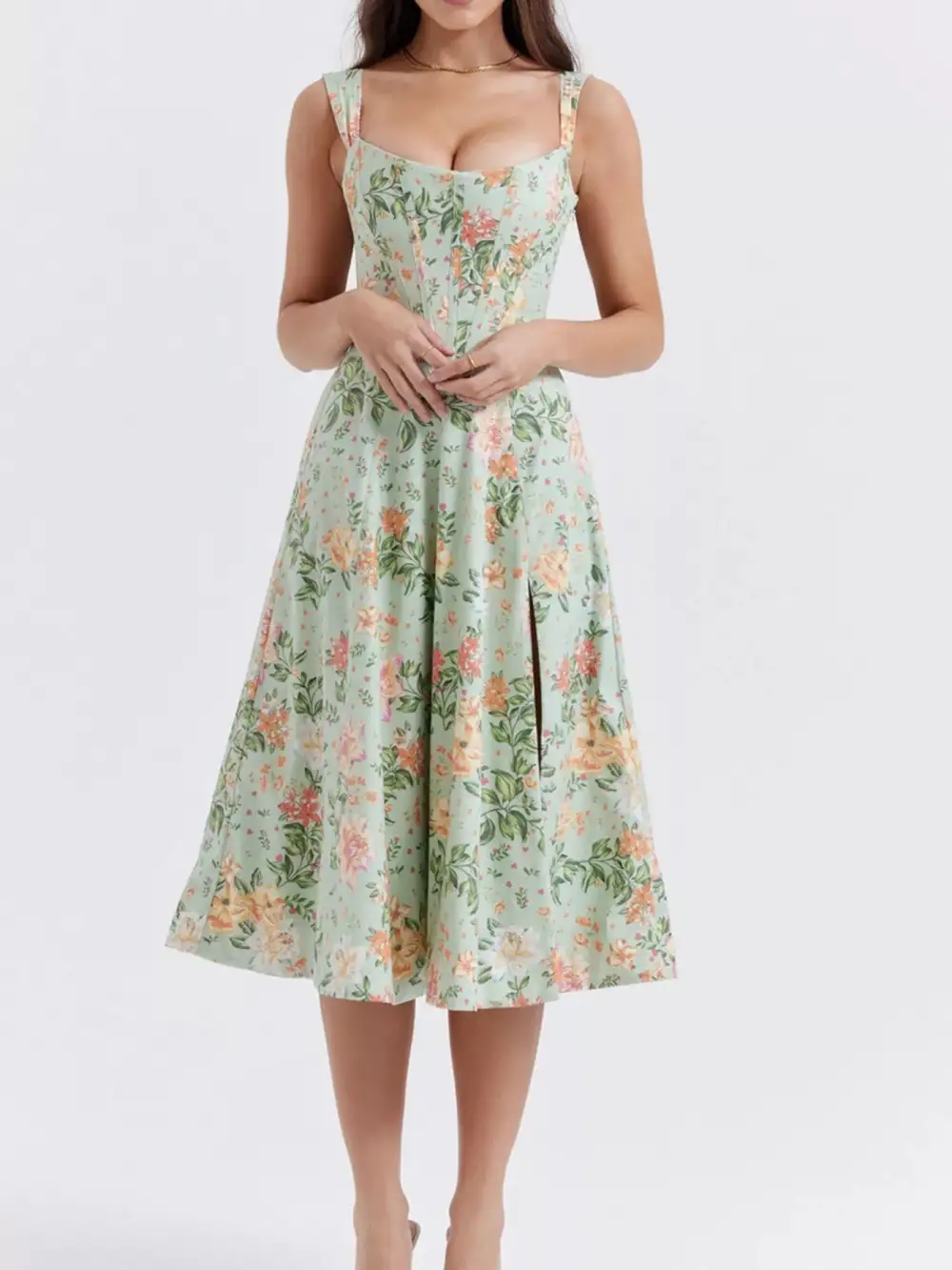 Drape Floral Printed Slit Midi Dress