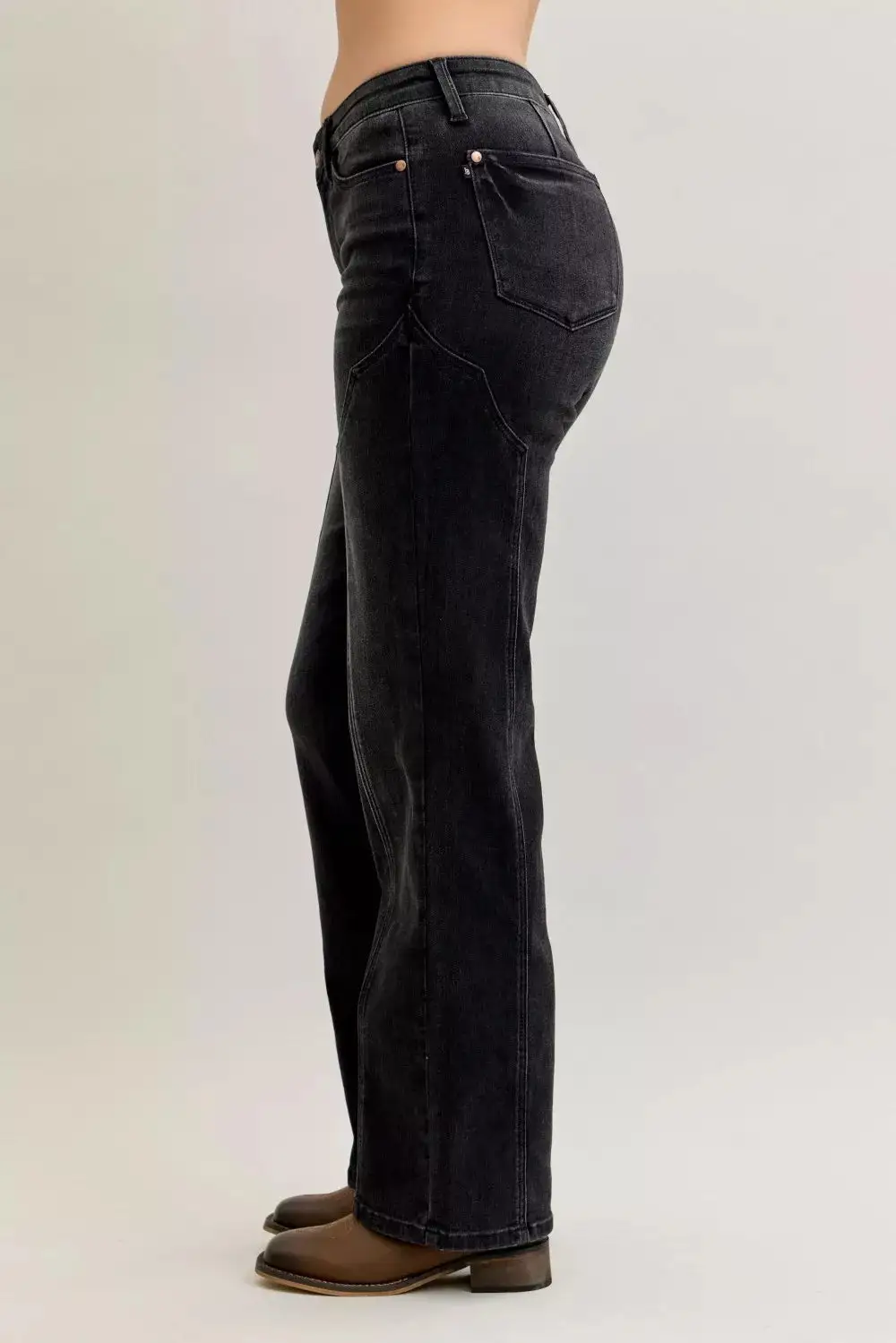 Mid Rise Straight Leg Seam Denim Jeans