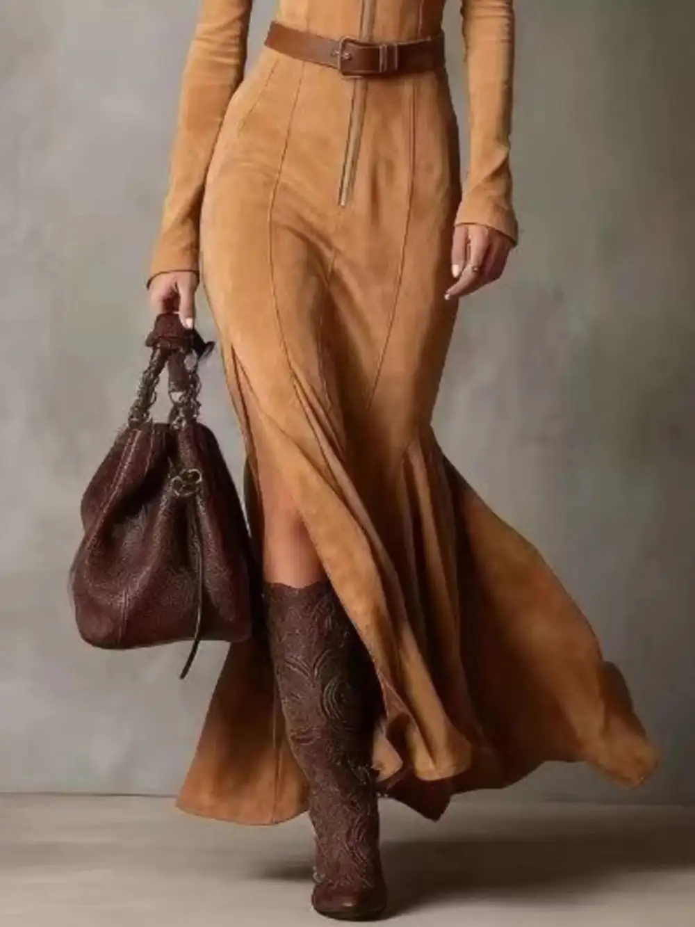 Zip Front Slit Long Sleeve Dress Casual