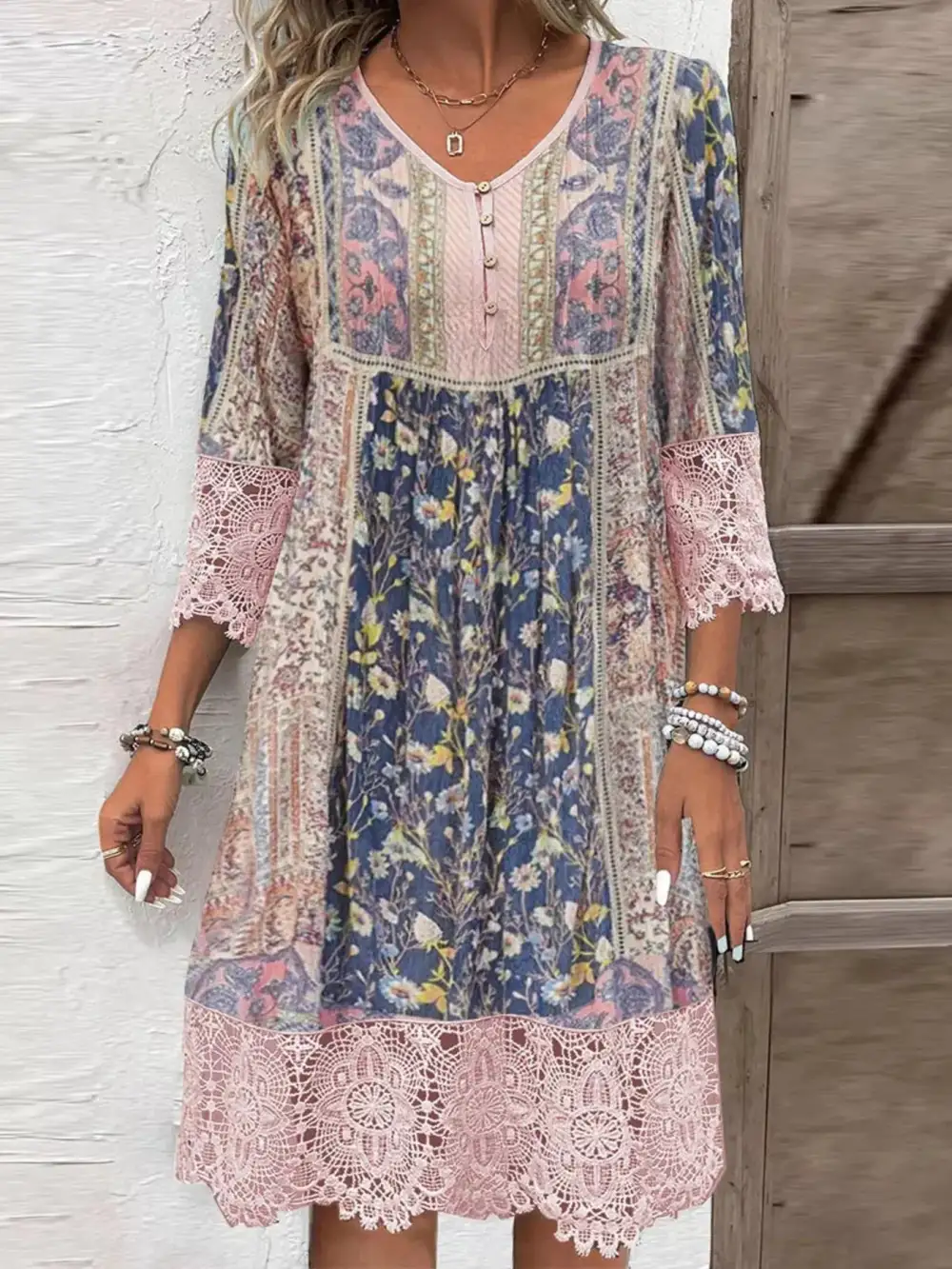 Layered Detail Floral Lace V Neck Dress