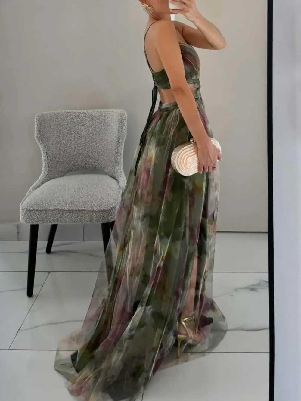 Painted Floral Print V Maxi Dress
