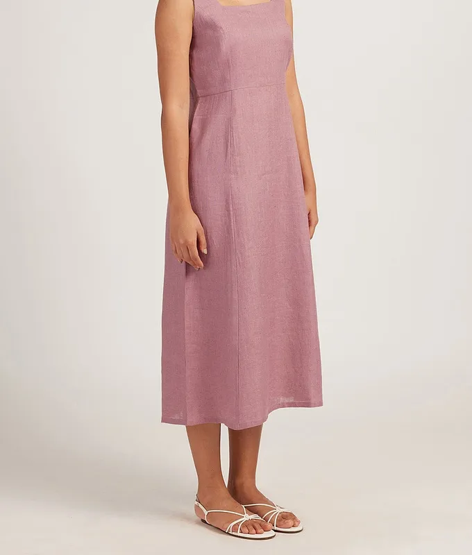 Dusty Pink Linen Square-Neck Midi Dress