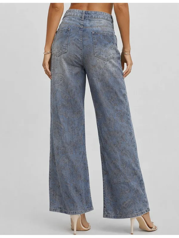 Paisley Jacquard Wide Leg Denim Pants