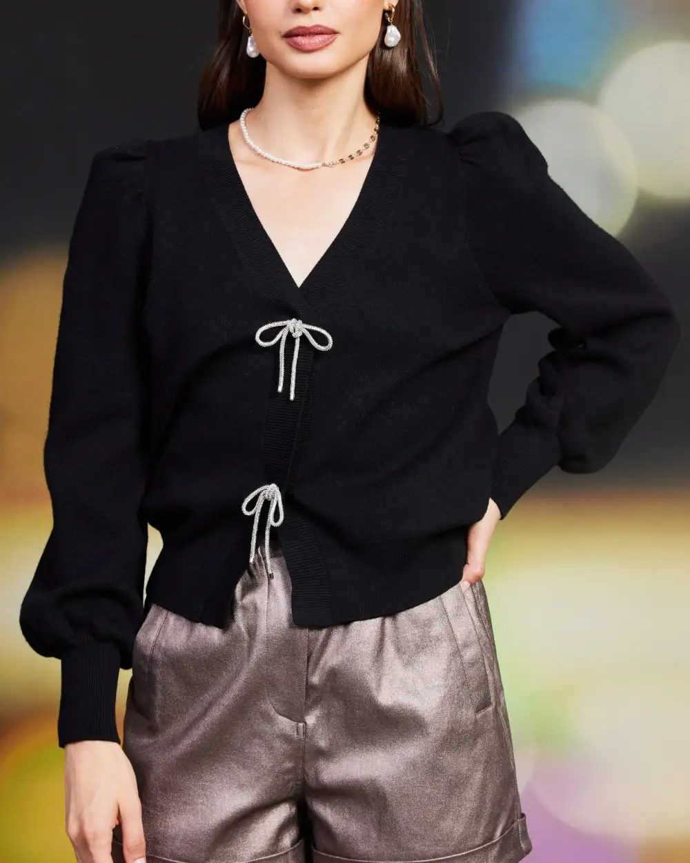 Relaxed Ribbon Trim Puff Sleeve Cardigan