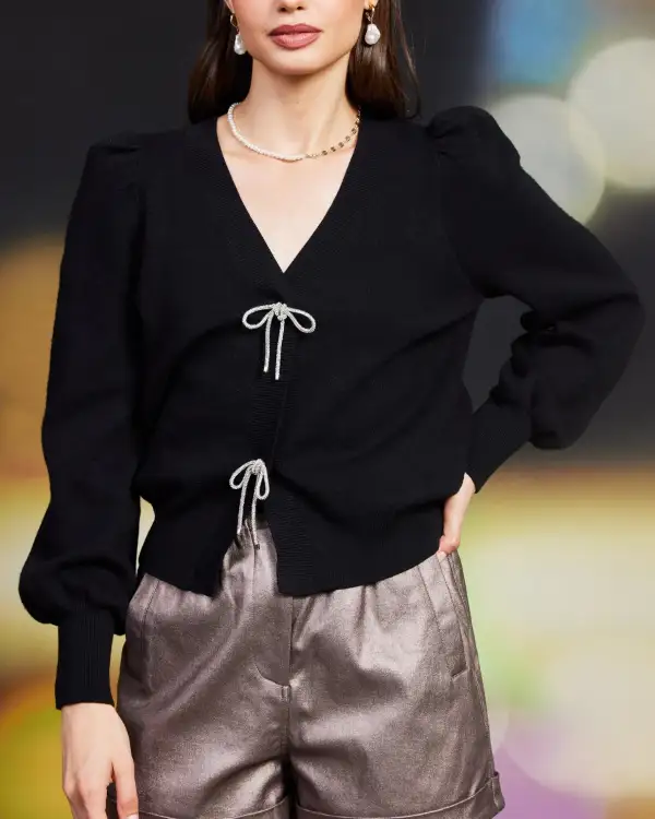 Relaxed Ribbon Trim Puff Sleeve Cardigan