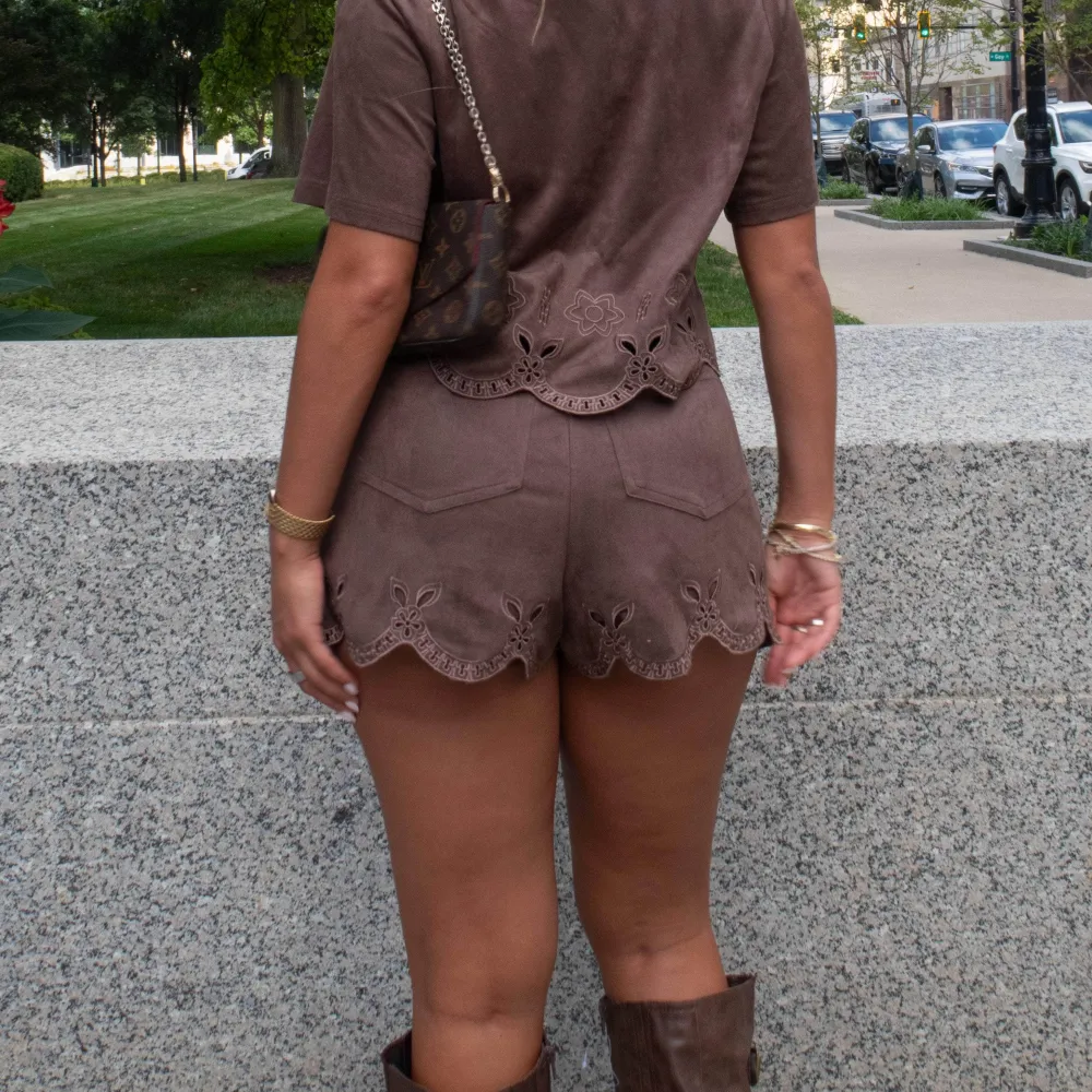 Suede Cotton Floral Print Casual Shorts