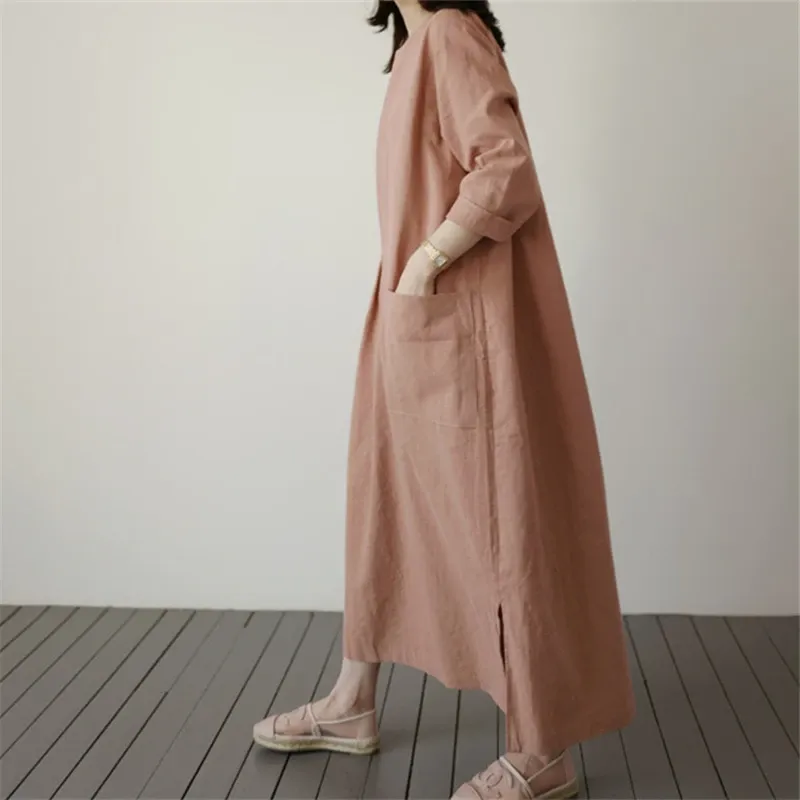 Linen Blend Cotton Blend Maxi Button Detail Dress