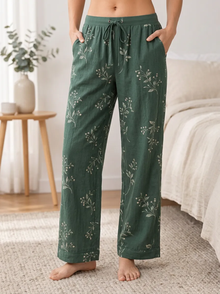 Women's Ribbed Drawstring Pocket Botanical Floral Sleep Pants