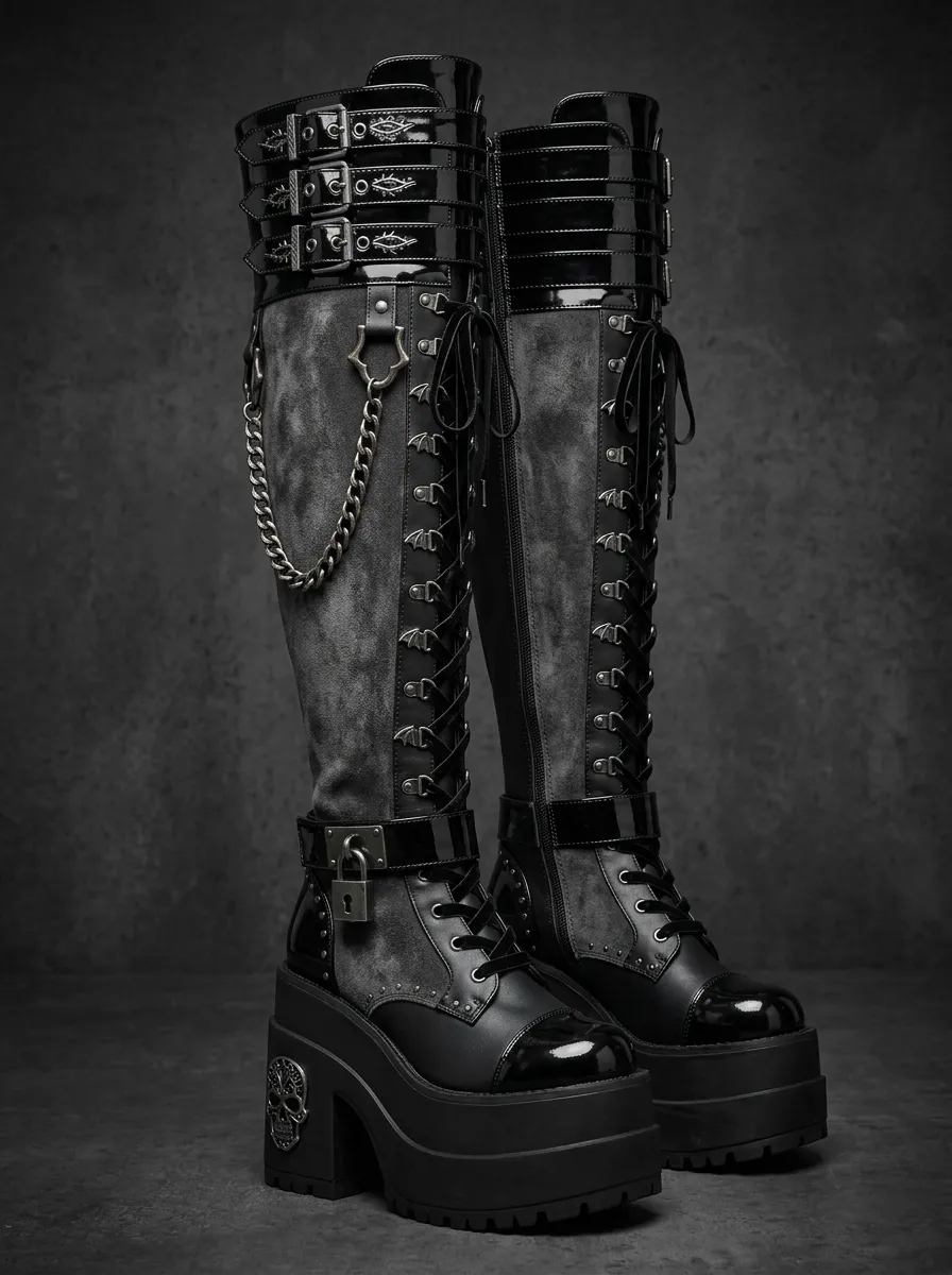 Ritual-Inspired Skull Lace Lace-Up Finish Women's Gothic Platform Knee High Boots