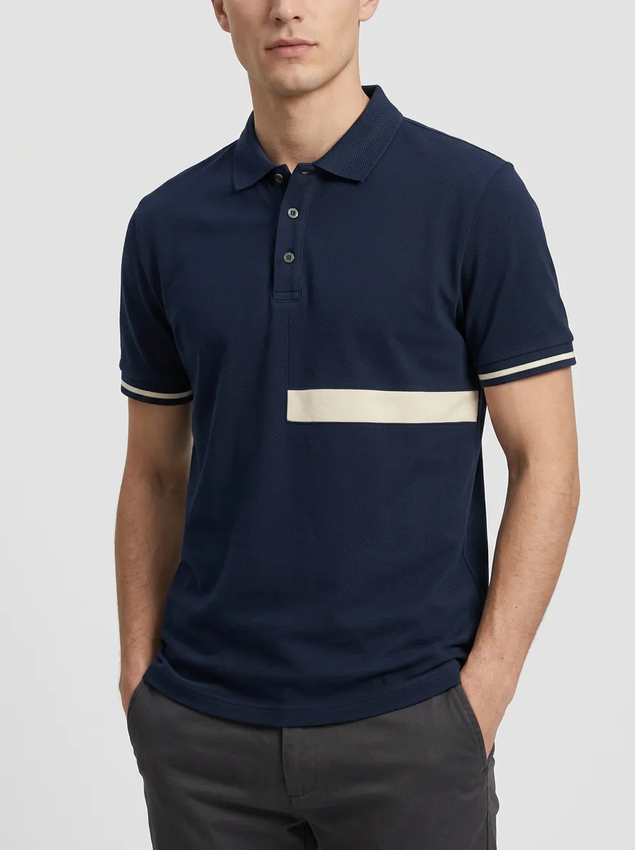 Men's Navy Blue Colorblock Striped Casual Printed Polo Shirt