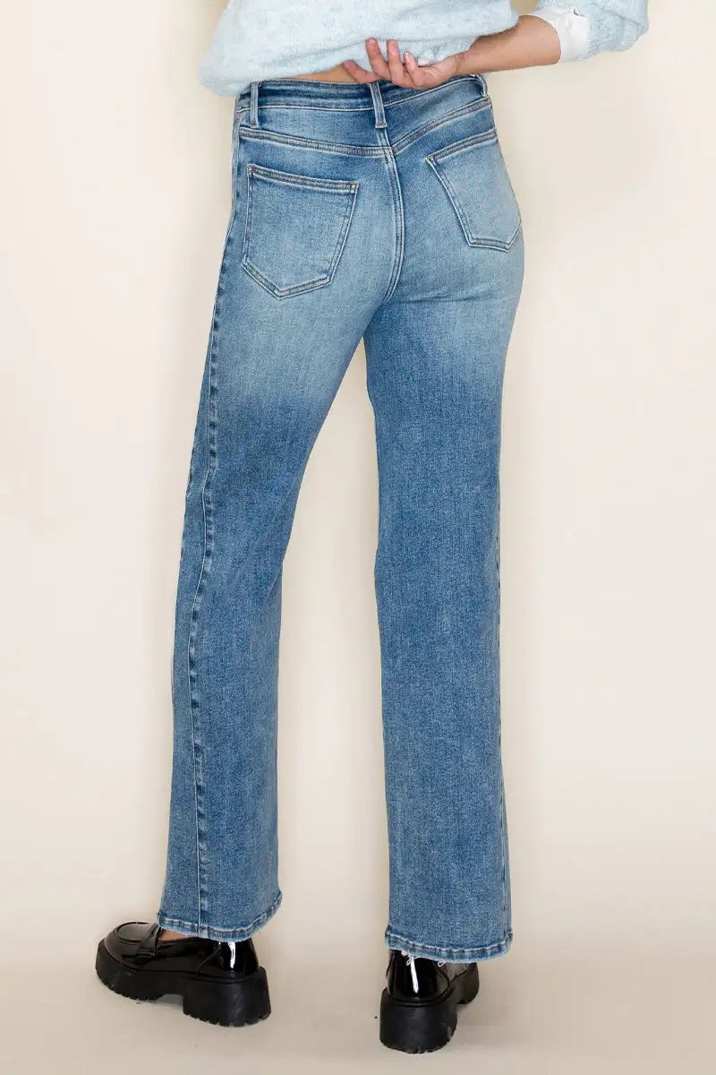 Women's High Rise Side Slit Side Panel Wide Leg Stretch Denim Jeans