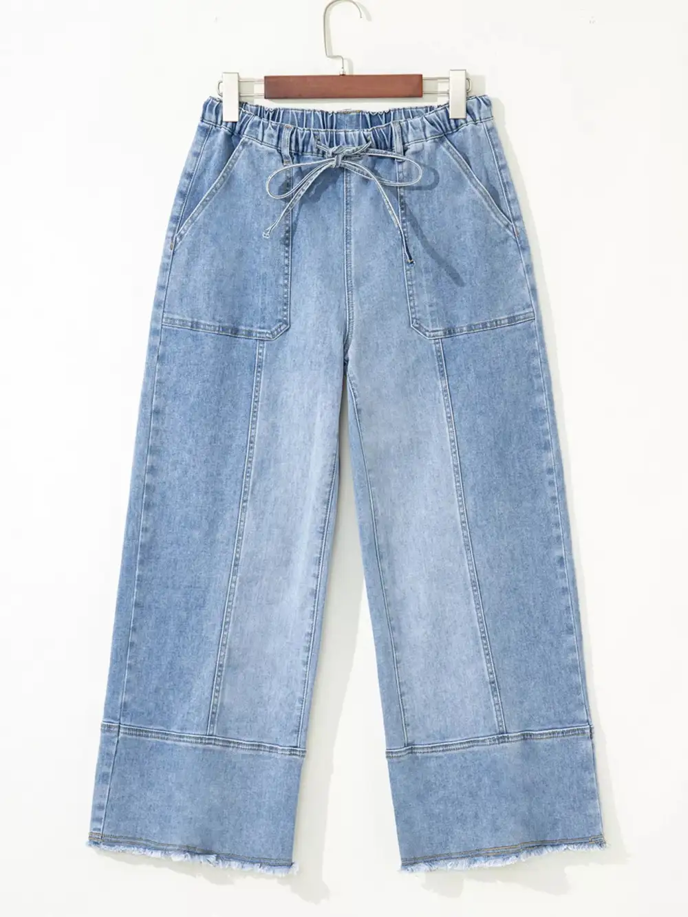 Wide Leg Raw Hem Drawstring Denim Jeans