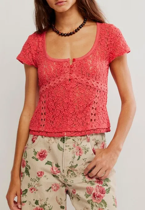 Red Floral Lace Square Neck Short Sleeve Top