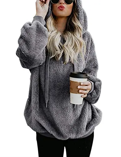 Women Casual Double Fuzzy Sweatshirt Faux Fleece Zip Pullover Hoodies Coat Outwear S-XXL