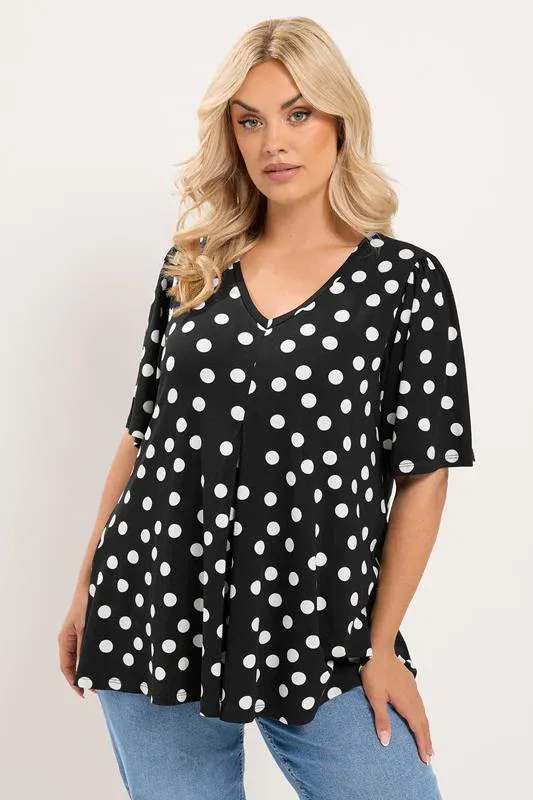 Black Polka Dot Pleated Front Top