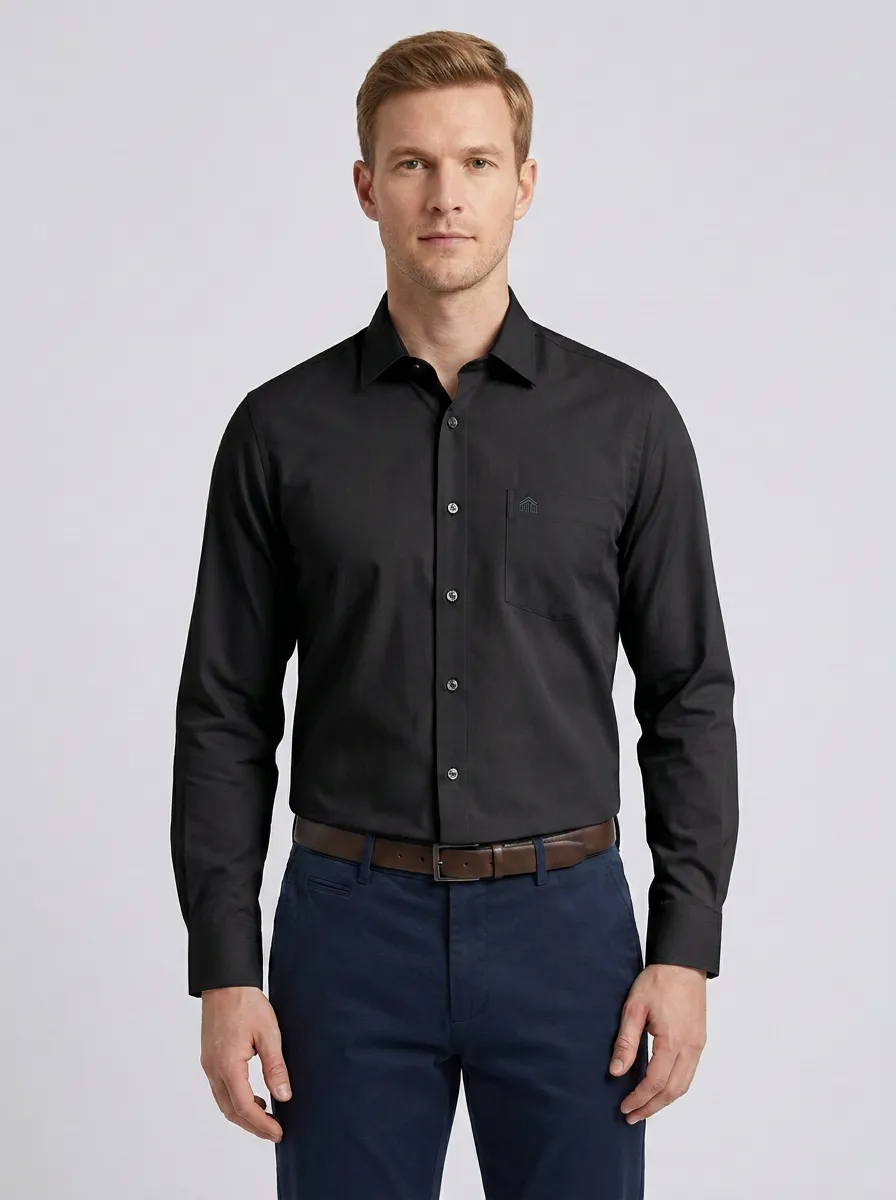 Men's Non-Iron Cotton Minimalist Logo Embroidered Long Sleeve Shirt